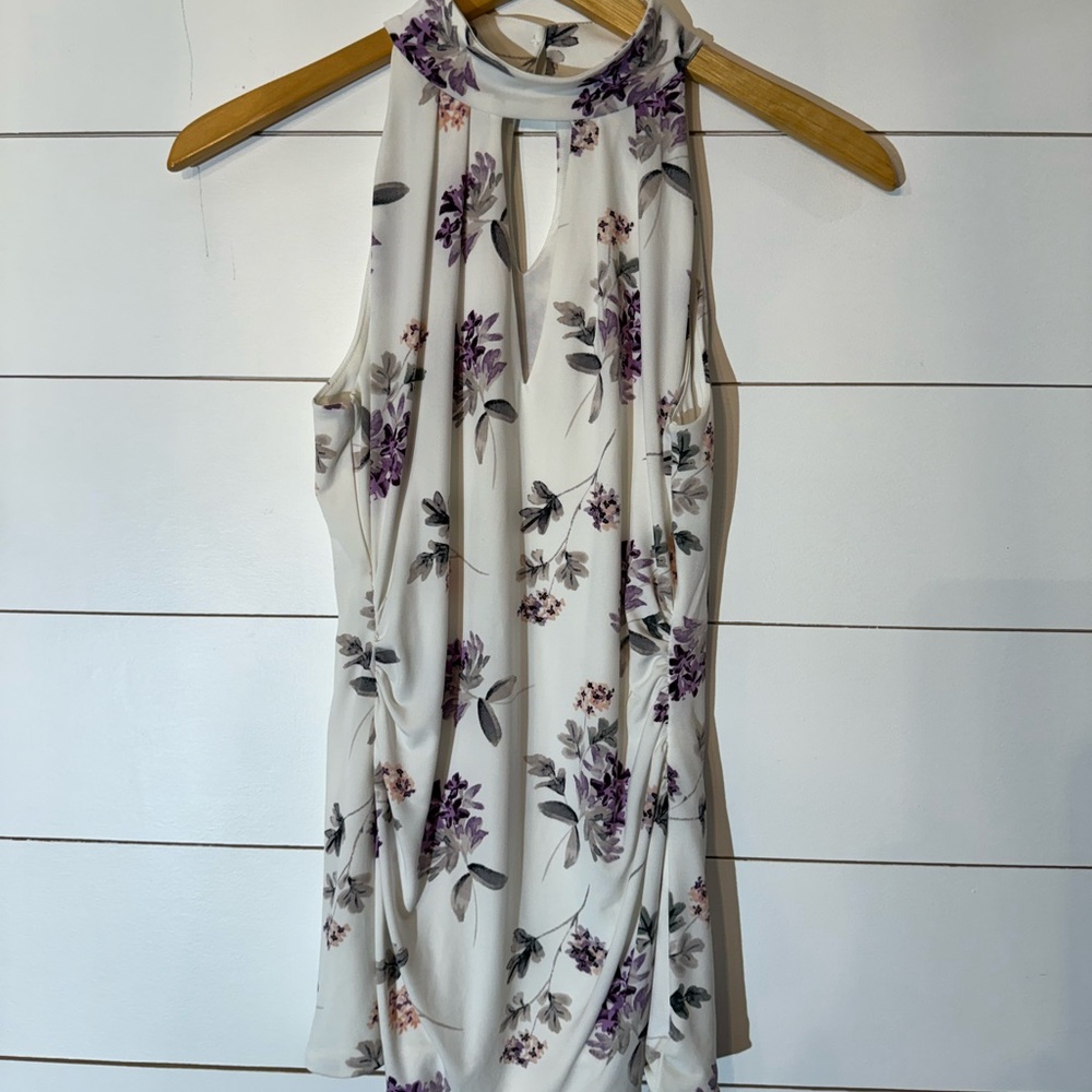 WHBM White Floral Mock Neck Sleeveless Blouse